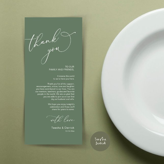 Cartões de agradecimentos de Configuração de Local (Wedding Dinner Place Setting Thank You Card, in Modern Minimalist theme, Forest Sage Green)