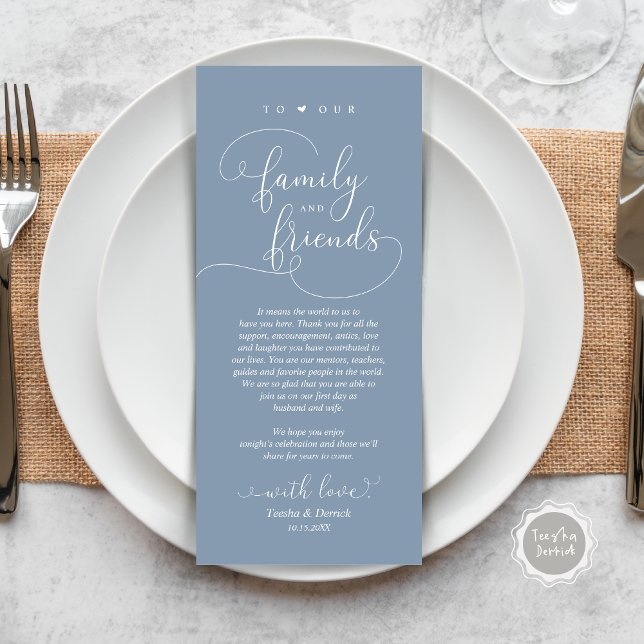 Cartões de agradecimentos de Configuração de Local (Modern Elegant Wedding Dinner Place Setting Thank You Card, Plate Decor, in Dusty Blue)