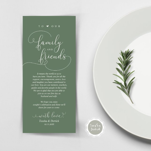 Cartões de agradecimentos de Configuração de Local (Modern Elegant Wedding Dinner Place Setting Thank You Card, Plate Decor, in Forest Sage Green)