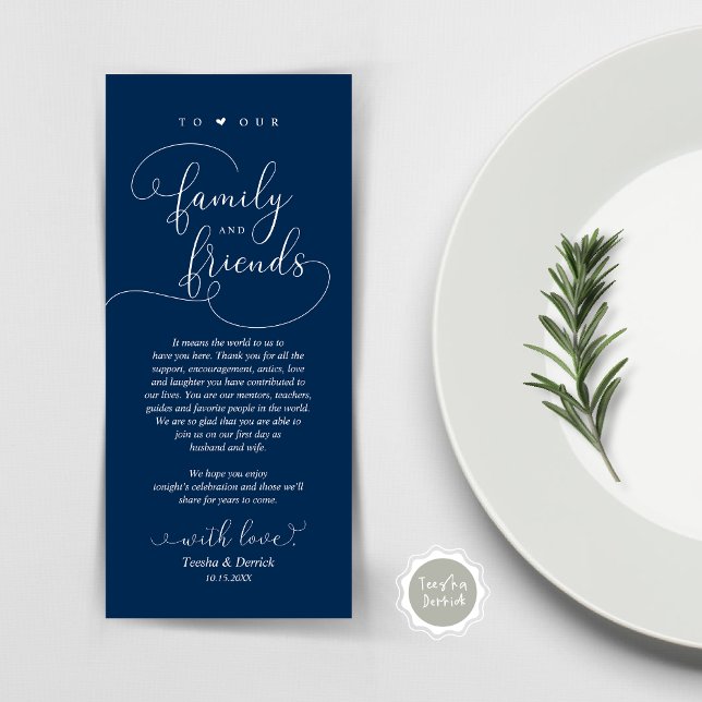Cartões de agradecimentos de Configuração de Local (Modern Elegant Wedding Dinner Place Setting Thank You Card, Plate Decor, in Navy Blue)