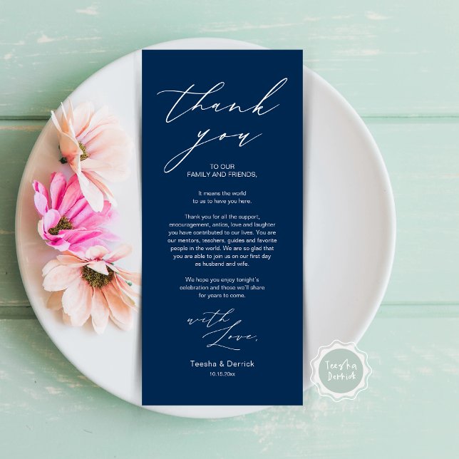 Cartões de agradecimentos de Configuração de Local (Wedding Brunch, Lunch, Dinner Place Setting Thank You Card, Modern Minimalist Script, in Navy Blue)