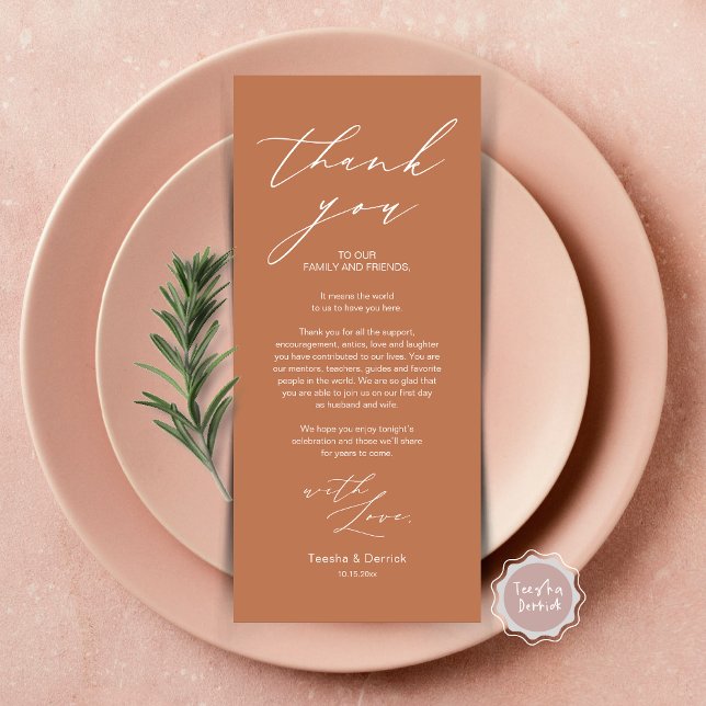Cartões de agradecimentos de Configuração de Local (Wedding Brunch, Lunch, Dinner Place Setting Thank You Card, Modern Minimalist Script, in copper rust)