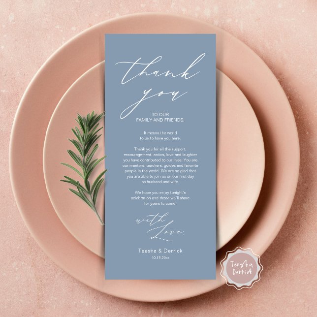 Cartões de agradecimentos de Configuração de Local (Wedding Brunch, Lunch, Dinner Place Setting Thank You Card, Modern Minimalist Script, Dusty Blue)