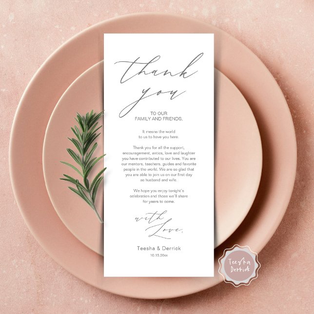 Cartões de agradecimentos de Configuração de Local (Wedding Brunch, Lunch, Dinner Place Setting Thank You Card, Modern Minimalist Script, Dark Grey)