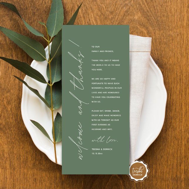 Cartões de agradecimentos de Configuração de Local (Minimalist Wedding Place Setting Thank You Card, for dinner, brunch, lunch party, in sage green)