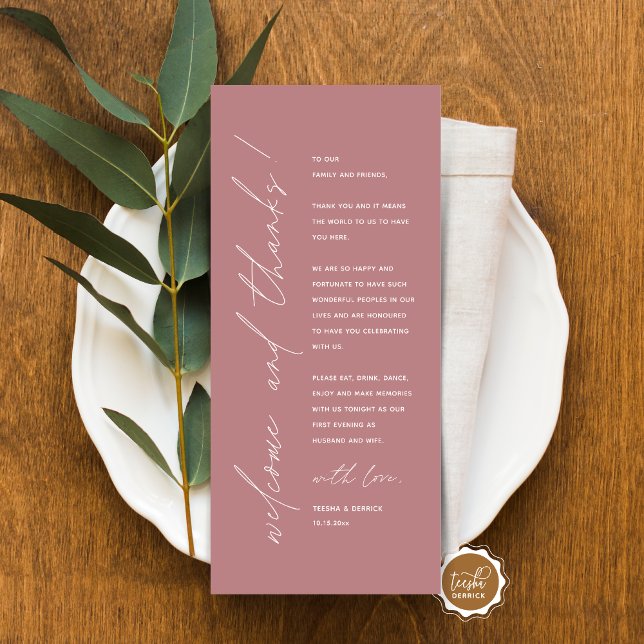 Cartões de agradecimentos de Configuração de Local (Minimalist Wedding Place Setting Thank You Card, for dinner, brunch, lunch party, in dusty rose pink)