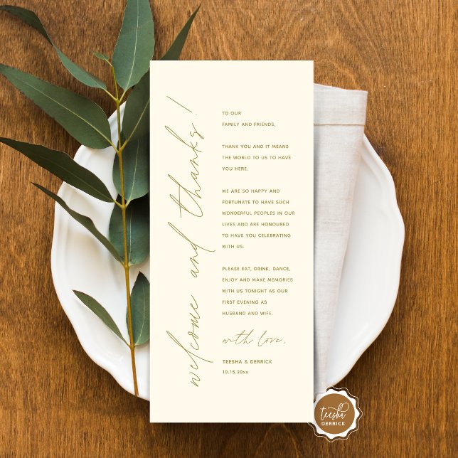 Cartões de agradecimentos de Configuração de Local (Minimalist Wedding Place Setting Thank You Card, for dinner, brunch, lunch party, in classy gold)