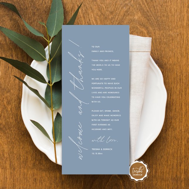 Cartões de agradecimentos de Configuração de Local (Minimalist Wedding Place Setting Thank You Card, for dinner, brunch, lunch party, in dusty blue)