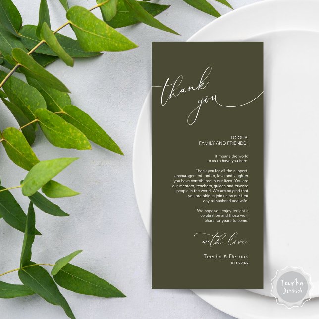 Cartões de agradecimentos de Configuração de Local (Wedding Dinner Place Setting Thank You Card, Modern Minimalist Romantic Script, in Olive Green)