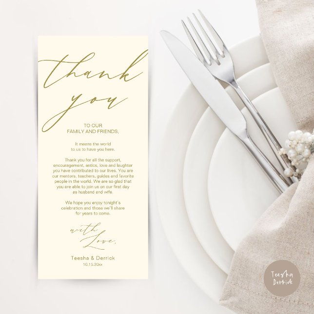 Cartões de agradecimentos de Configuração de Local (Modern Minimalist Wedding Dinner Place Setting Thank You Card in aesthetic yellow gold)