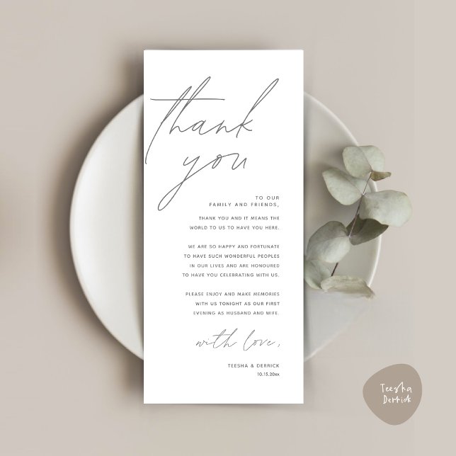Cartões de agradecimentos de Configuração de Local (Wedding Place Setting Thank You Card, Modern Minimalist in Dark Grey)