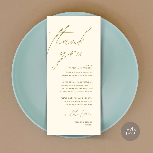 Cartões de agradecimentos de Configuração de Local (Wedding Place Setting Thank You Card, Modern Minimalist in Yellow Gold)
