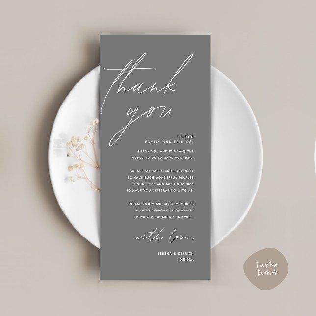 Cartões de agradecimentos de Configuração de Local (Wedding Place Setting Thank You Card, Modern Minimalist in Dark Grey)