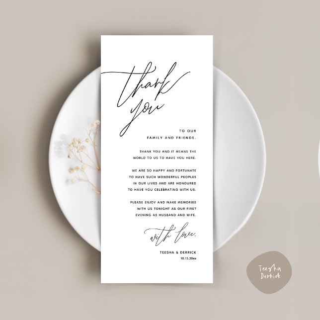 Cartões de agradecimentos de Configuração de Local (Romantic Minimalist Wedding Dinner Place Setting Thank You Card, in White Black)
