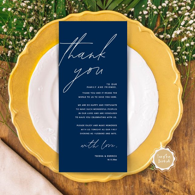 Cartões de agradecimentos de Configuração de Local (Modern Wedding Dinner Place Setting Thank You Card in Classy Navy Blue)