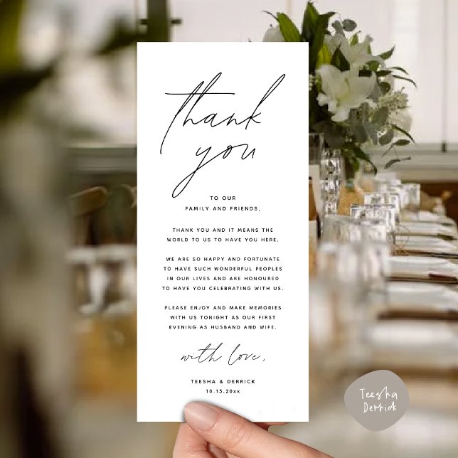 Cartões de agradecimentos de Configuração de Local (Modern Romantic Wedding Place Setting Thank You Card for Dinner Brunch Lunch Party  in White Black)