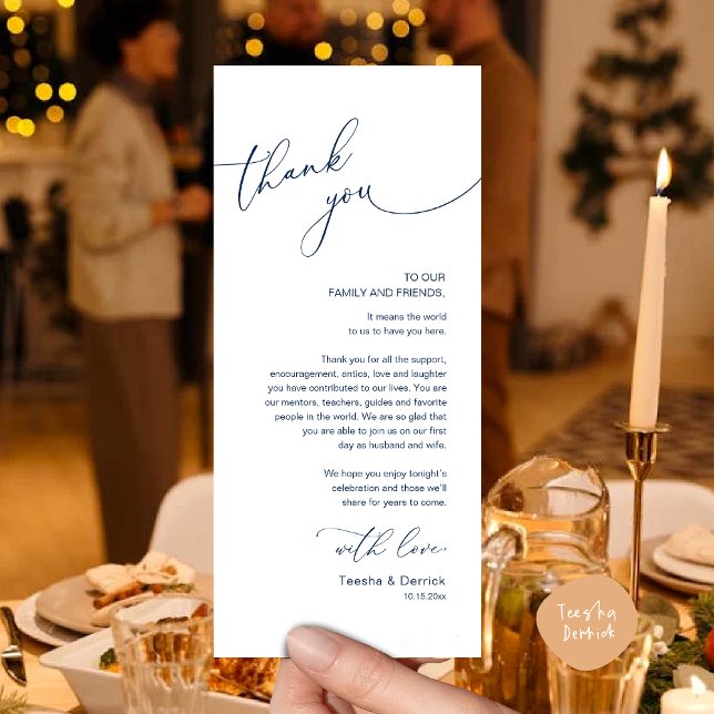 Cartões de agradecimentos de Configuração de Local (Romantic Wedding Dinner Lunch Brunch Party Place Setting Thank You Card in Classy Navy Blue)