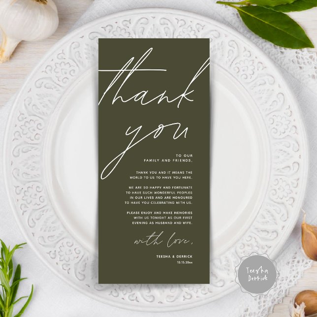 Cartões de agradecimentos de Configuração de Local (Wedding Place Setting Thank You Card, Modern Minimalist Clean, Olive Green)