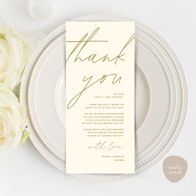 Cartões de agradecimentos de Configuração de Local (Wedding Place Setting Thank You Card, Modern Minimalist Clean, Yellow Gold)