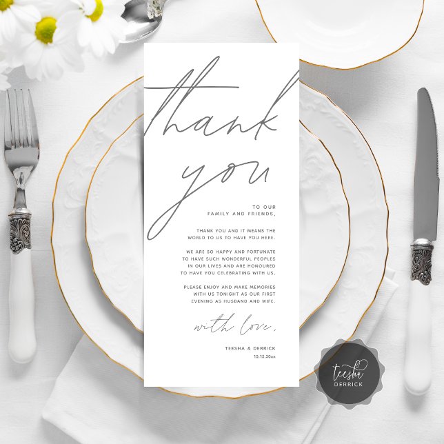 Cartões de agradecimentos de Configuração de Local (Wedding Place Setting Thank You Card, Modern Minimalist Clean, Dark Grey)