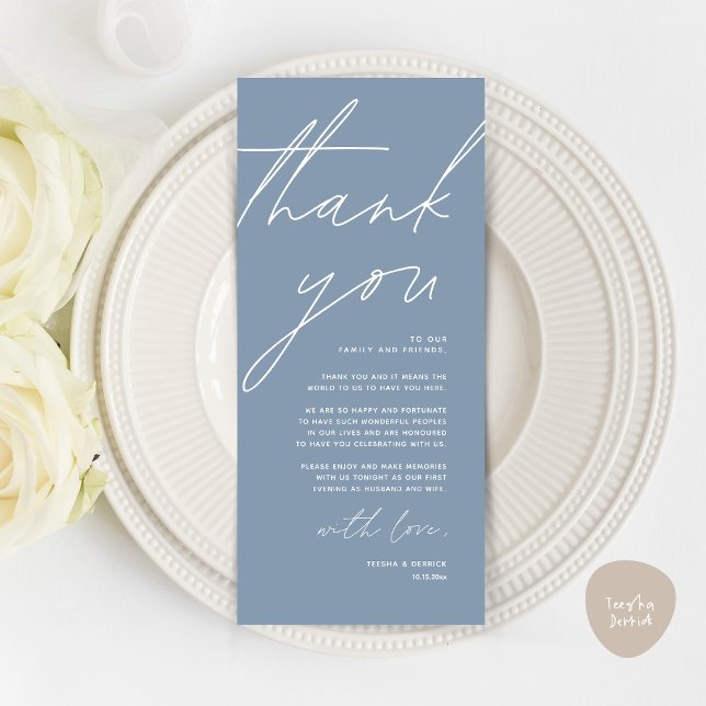 Cartões de agradecimentos de Configuração de Local (Wedding Place Setting Thank You Card, Modern Minimalist Clean, Dusty Blue)