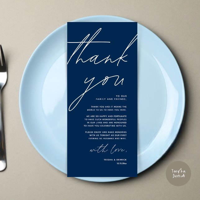 Cartões de agradecimentos de Configuração de Local (Wedding Place Setting Thank You Card, Modern Minimalist Clean, Navy Blue)
