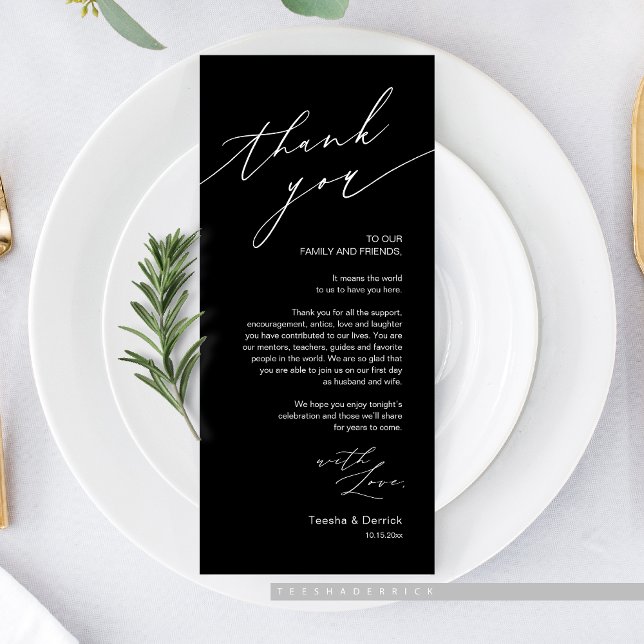 Cartões de agradecimentos de Definição de Local de (Romantic Wedding Dinner Place Setting Thank You Card, in Classy Black)