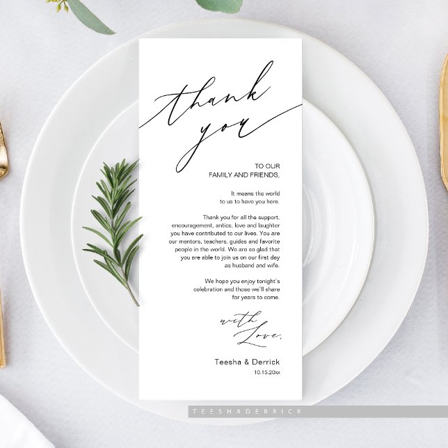 Cartões de agradecimentos de Definição de Local de (Romantic Wedding Dinner Place Setting Thank You Card, in Black and White)