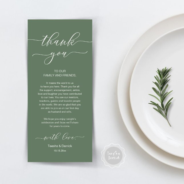 Cartões de agradecimentos de Definição de Local de (Wedding Dinner Place Setting Thank You Card, Modern Minimalist, in Forest Sage Green)