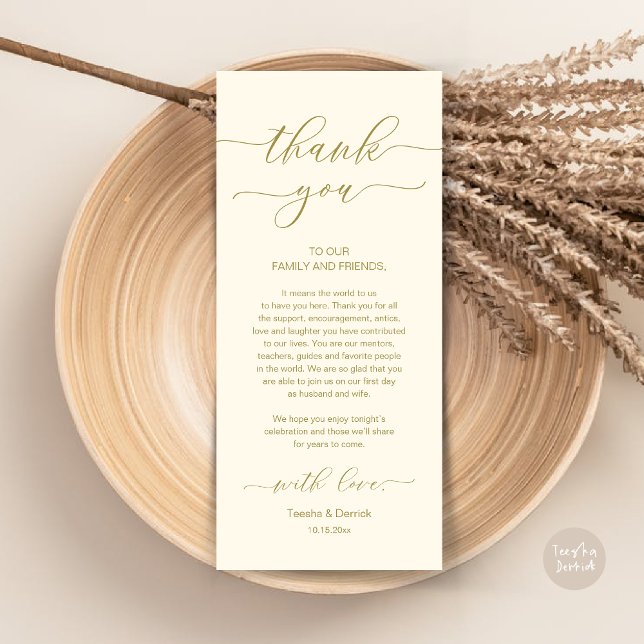 Cartões de agradecimentos de Definição de Local de (Wedding Dinner Place Setting Thank You Card, Modern Minimalist, in Retro Yellow Gold)