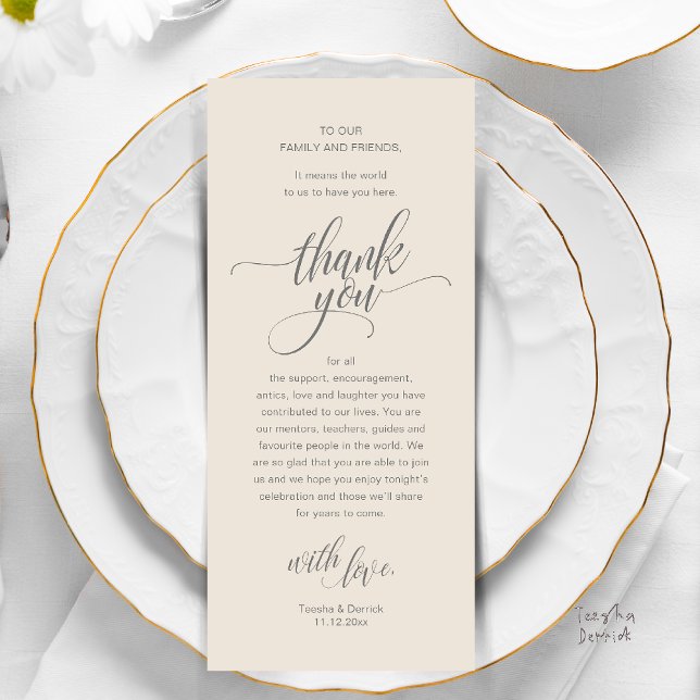 Cartões de agradecimentos de Definição de Local de (Modern Script Wedding Guest Dinner Reception Brunch Lunch Thank You Card in Classy Warm Cream Grey)