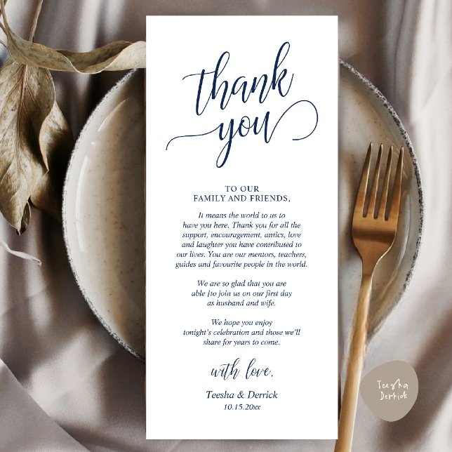 Cartões de agradecimentos de Definição de Local de (Modern Classy Wedding Dinner Thank You Card Reception brunch lunch in Navy Blue)