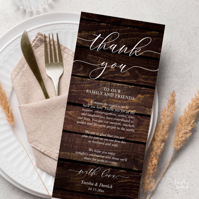 Cartões de agradecimentos de Definição de Local de (Rustic Wedding Dinner Place Setting Thank You Card Reception in Cottage Brown Wood)
