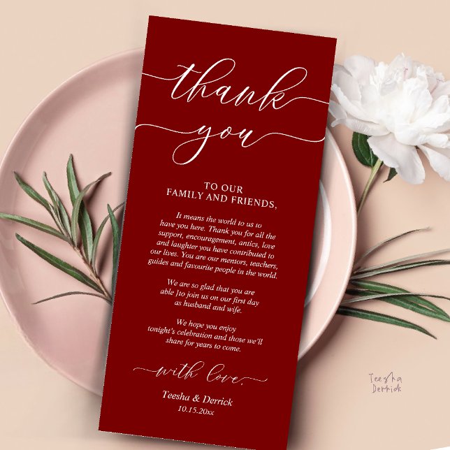 Cartões de agradecimentos de Definição de Local de (Rustic Wedding Dinner Place Setting Thank You Card Reception in Burgundy Wine Red)