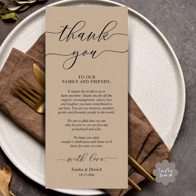 Cartões de agradecimentos de Definição de Local de (Rustic Wedding Dinner Place Setting Thank You Card Reception in Brown Kraft)