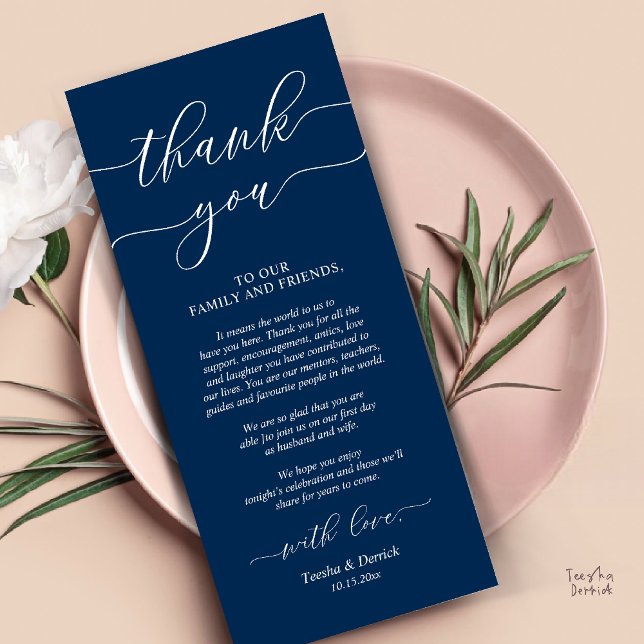 Cartões de agradecimentos de Definição de Local de (Rustic Wedding Dinner Place Setting Thank You Card Reception in Navy Blue Script )