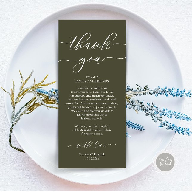 Cartões de agradecimentos de Definição de Local de (Wedding Dinner Place Setting Thank You Card, Plate Decoration, Modern Script, in Olive Green)