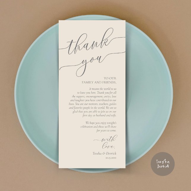 Cartões de agradecimentos de Definição de Local de (Wedding Dinner Place Setting Thank You Card, Modern Romance Design, in Cream and Grey)