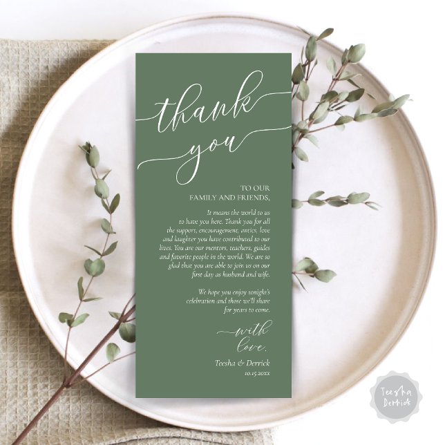 Cartões de agradecimentos de Definição de Local de (Wedding Dinner Place Setting Thank You Card, Modern Romance Design, in Forest Sage Green)