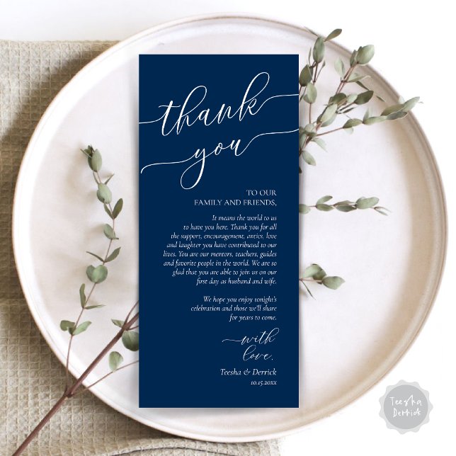 Cartões de agradecimentos de Definição de Local de (Wedding Dinner Place Setting Thank You Card, Modern Romance Design, in Navy Blue)