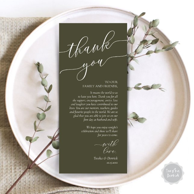 Cartões de agradecimentos de Definição de Local de (Wedding Dinner Place Setting Thank You Card, Modern Romance Design, in Olive Green)