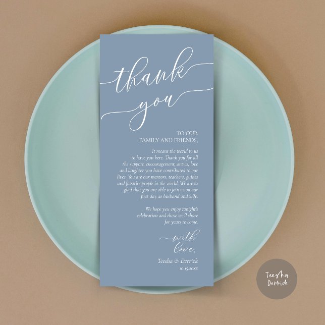 Cartões de agradecimentos de Definição de Local de (Wedding Dinner Place Setting Thank You Card, Modern Romance Design, in Dusty Blue)