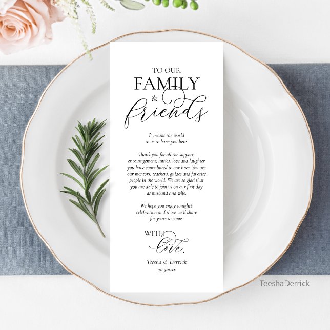 Cartões de agradecimentos de Definição de Local de (Wedding Place Setting Thank You Card, Romantic Script, Black and White.)