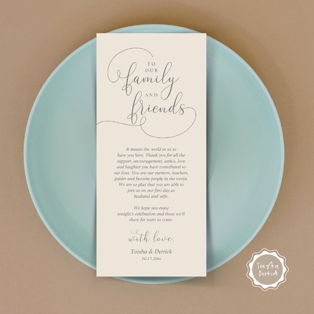Cartões de agradecimentos de Definição de Local de (To Our Family and Friends, Wedding Dinner Place Setting Thank You Card, Modern, Dark Grey Cream)