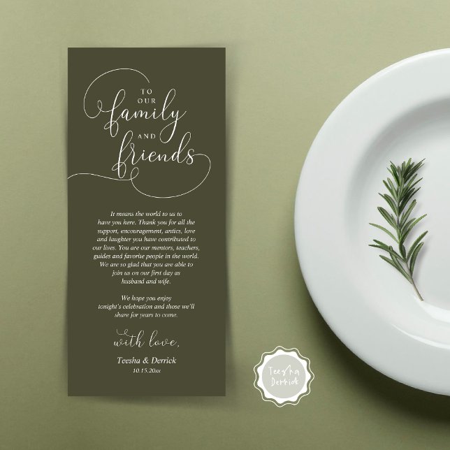 Cartões de agradecimentos de Definição de Local de (To Our Family and Friends, Wedding Dinner Place Setting Thank You Card, Modern, Olive Green)