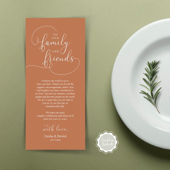 Cartões de agradecimentos de Definição de Local de (To Our Family and Friends, Wedding Dinner Place Setting Thank You Card, Modern, Copper Brown Rust)
