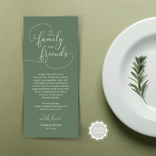 Cartões de agradecimentos de Definição de Local de (To Our Family and Friends, Wedding Dinner Place Setting Thank You Card, Modern, Forest Sage Green)