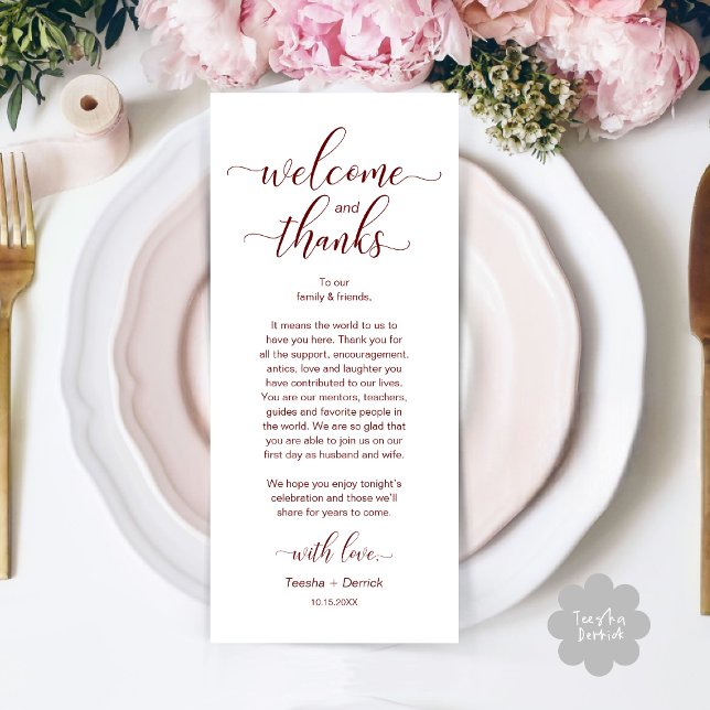 Cartões de agradecimentos de Definição de Local de (Modern Wedding Dinner Brunch Lunch Table Place Setting Thank You Card in Classy Burgundy Red)