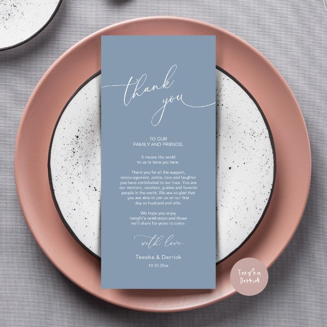 Cartões de agradecimentos de Definição de Local Ja (Modern Wedding Dinner Place Setting Thank You Card, Plate decor, in Dusty Blue)