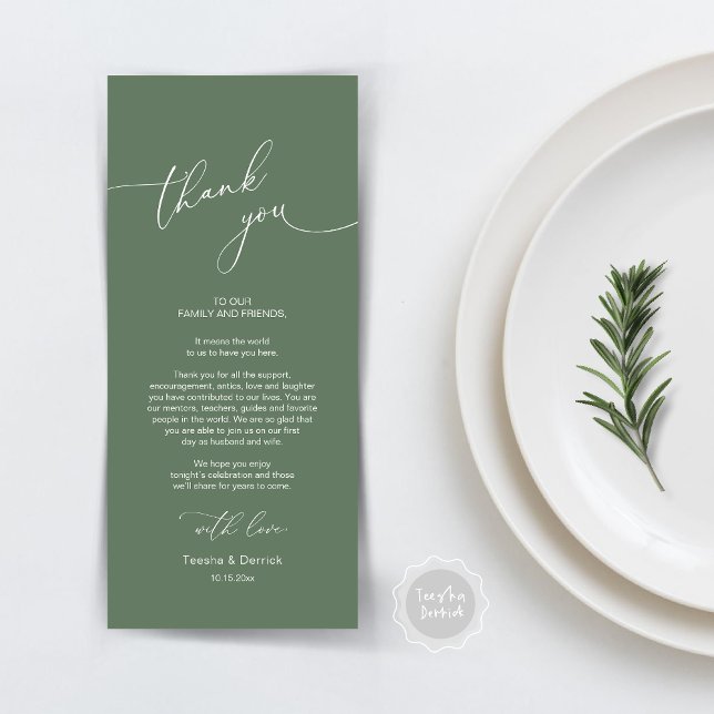 Cartões de agradecimentos de Definição de Local Ja (Modern Wedding Dinner Place Setting Thank You Card, Plate decor, in Forest Sage Green)